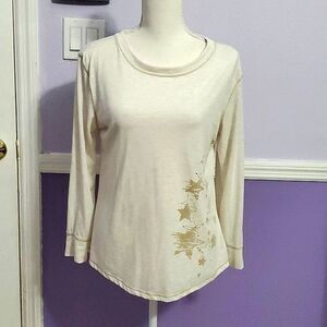 Faded Glory Soft Cream Gold Stars Fitted Long Sleeve Holidays Knit Tee Top